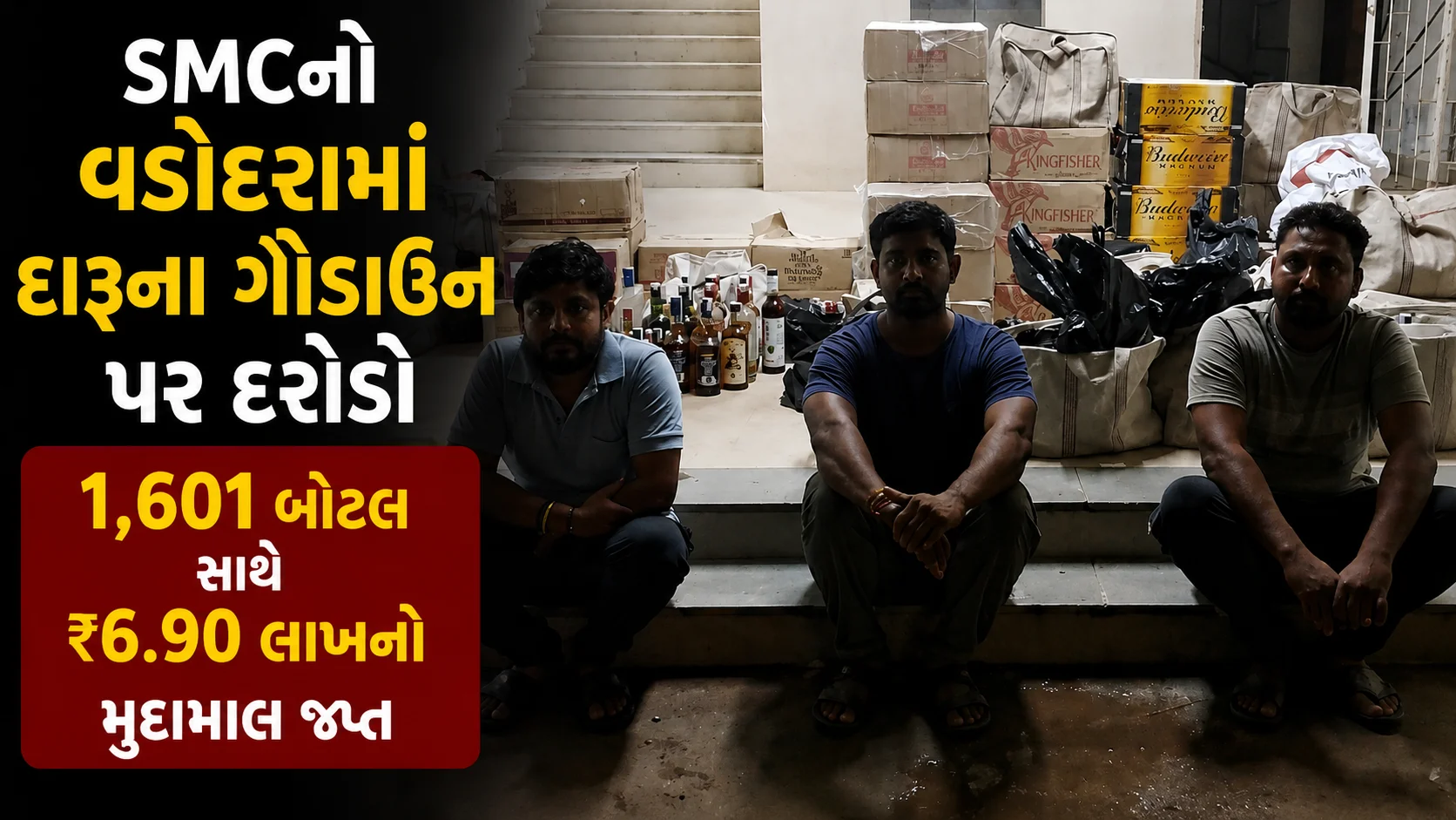 વડોદરા હીરાબાનગરમાં SMCનો દરોડો, 1601 દારૂની બોટલ અને ₹6.90 લાખનો મુદ્દામાલ જપ્ત, ત્રણ આરોપીની ધરપકડ