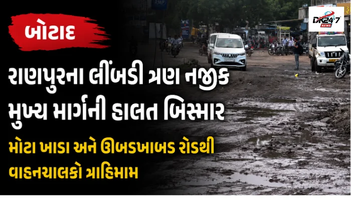 બોટાદ રાણપુરના લીંબડી ત્રણ નજીક મુખ્ય માર્ગની હાલત બિસ્માર મોટા ખાડા અને ઊબડખાબડ રોડથી વાહનચાલકો ત્રાહિમામ