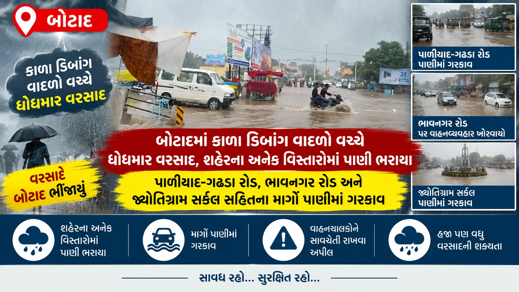 botad બોટાદમાં કાળા ડિબાંગ વાદળો વચ્ચે ધોધમાર વરસાદ, શહેરના અનેક વિસ્તારોમાં પાણી ભરાયા પાળીયાદ-ગઢડા રોડ, ભાવનગર રોડ અને જ્યોતિગ્રામ સર્કલ સહિતના માર્ગો પાણીમાં ગરકાવ