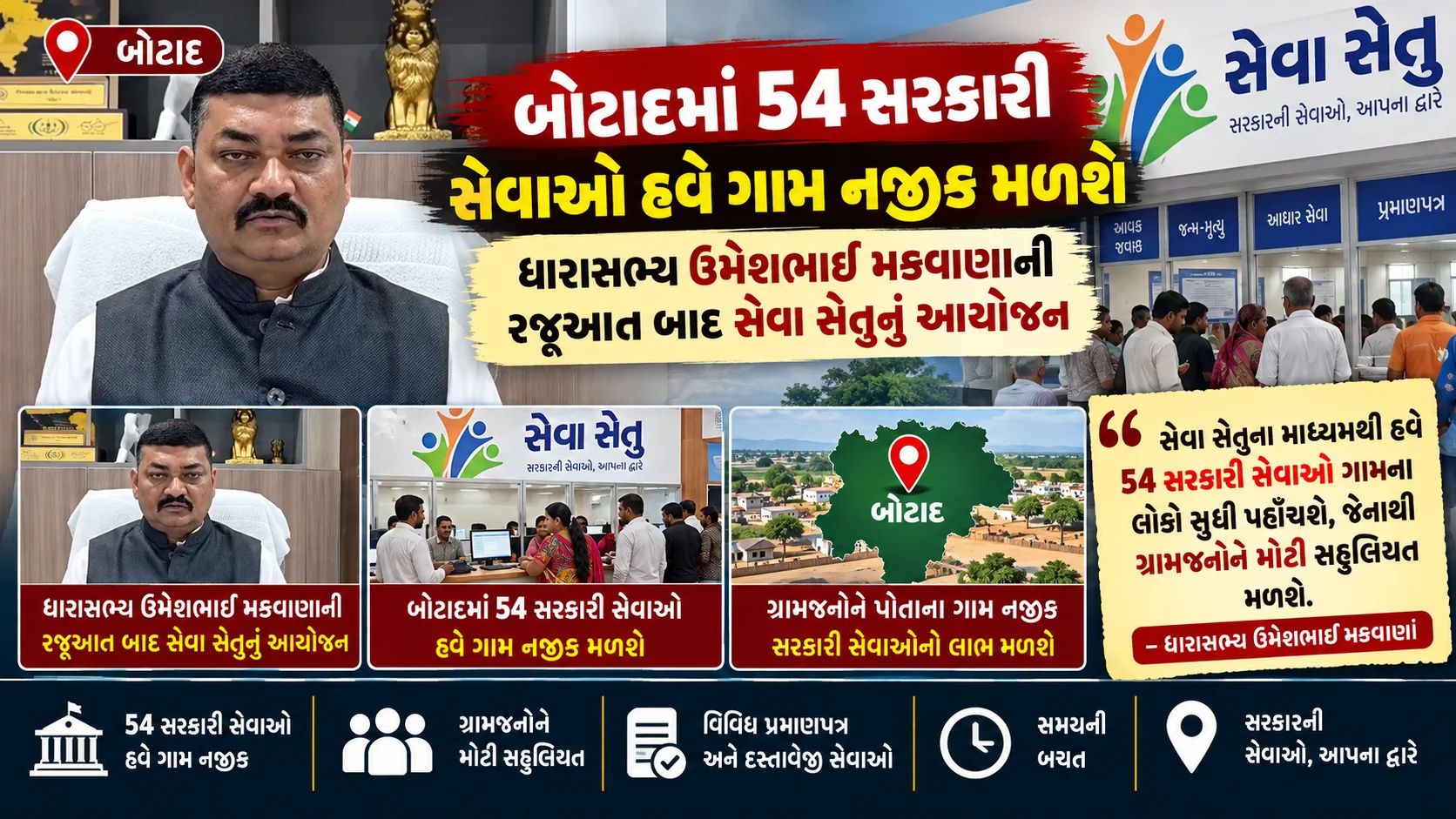 બોટાદ  બોટાદમાં 54 સરકારી સેવાઓ હવે ગામ નજીક મળશે ધારાસભ્ય ઉમેશભાઈ મકવાણાની રજૂઆત બાદ સેવા સેતુનું આયોજન