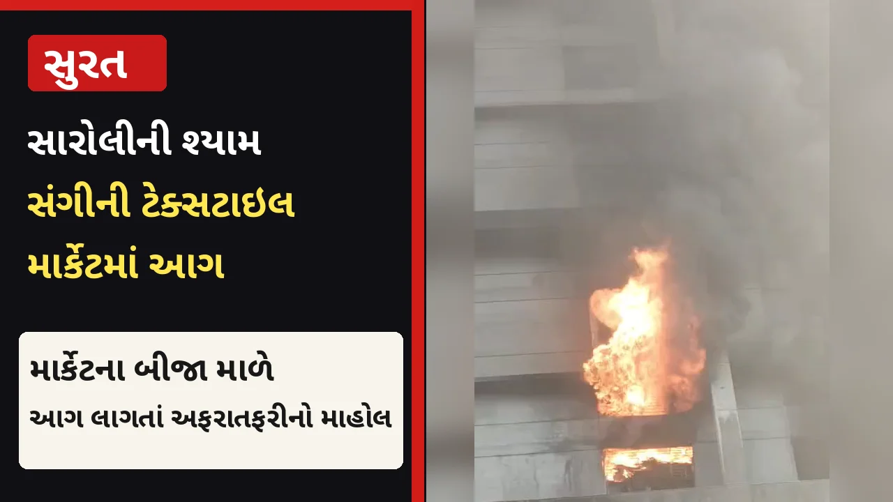 surat  સારોલીની શ્યામ સંગીની ટેક્સટાઇલ માર્કેટમાં આગ માર્કેટના બીજા માળે આગ લાગતાં અફરાતફરીનો માહોલ